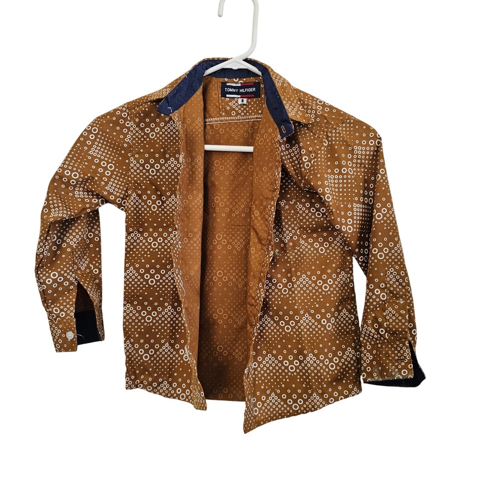 Tommy Hilfiger Boys Long Sleeve Button Down Shirt Brown Circle Print Size 8